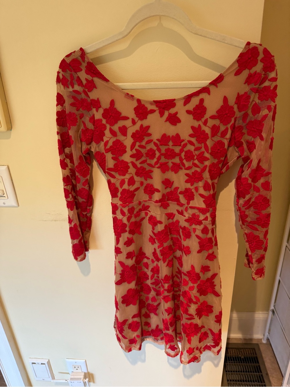 For Love & Lemons Red Floral Appliqué Long Sleeve Dress